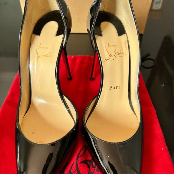 💯 Authentic CHRISTIAN LOUBOUTIN Iriza Patent Open-Side Red Sole Pump Black - Picture 3 of 10